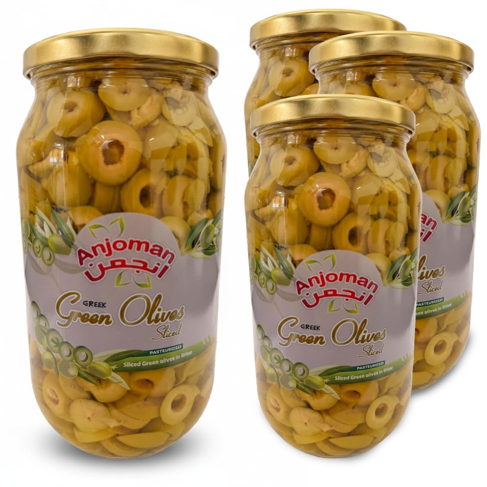 ANJOMAN 4 x Olive Green Sliced 1L Jars | Bulk Pack | Premium Mediterranean Sliced Olives in Brine