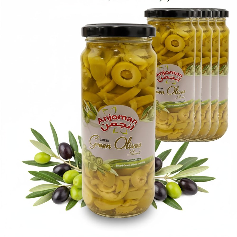ANJOMAN 6 x Olive Green Sliced 358ml Jars | Catering Pack | Authentic Mediterranean Sliced Olives