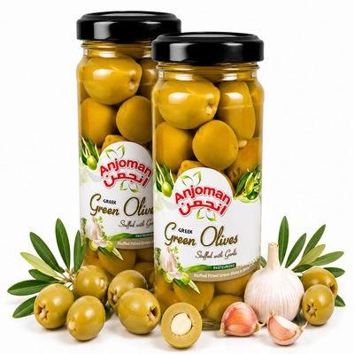 ANJOMAN 2 x Stuffed Garlic Pitted Olive Green St. w/Garlic Mammoth 358ml Jars | Gourmet Spanish Olives with Garlic