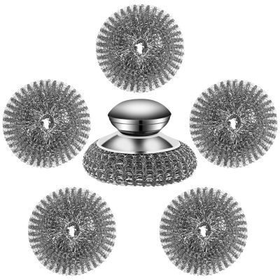 KTOJOY Stainless Steel Wool Scrubber Set, 6 Pieces with Handle, for Cleaning Dishes, Pots, Pans, Cast Iron