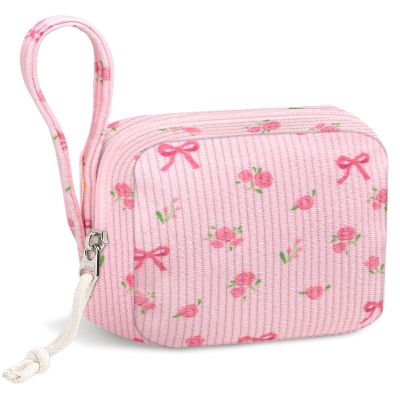 Chicarries Period Bag for Girls, Cute Corduroy Period Kit Tampon Bags for School Small Menstrual Pads Pouches for Purse (Flower bow pink)