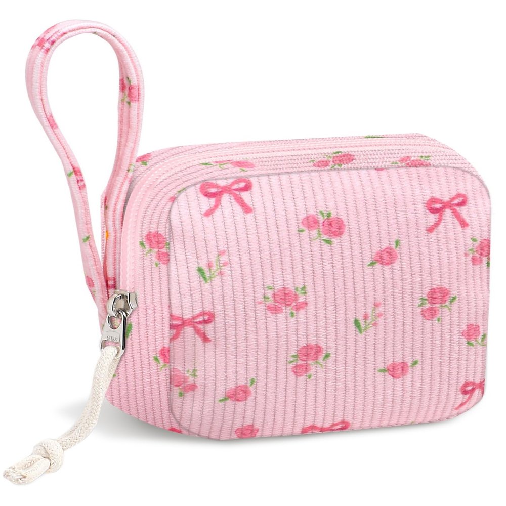 Chicarries Period Bag for Girls, Cute Corduroy Period Kit Tampon Bags for School Small Menstrual Pads Pouches for Purse (Flower bow pink)