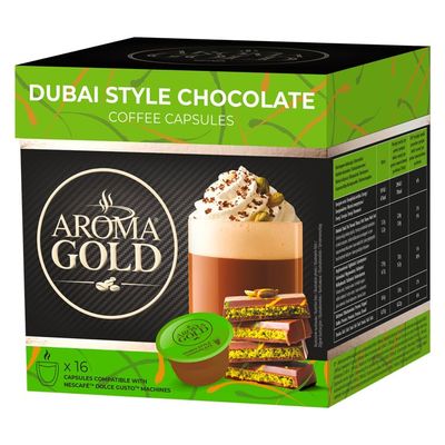 AROMA GOLD Dubai Chocolate Flavour Coffee Pods 16 Capsules Coffee Capsules Dolce Gusto Compatible Flavoured Coffee Pods for Coffee Machines Barista-Approved, Mild & Harmonious Taste