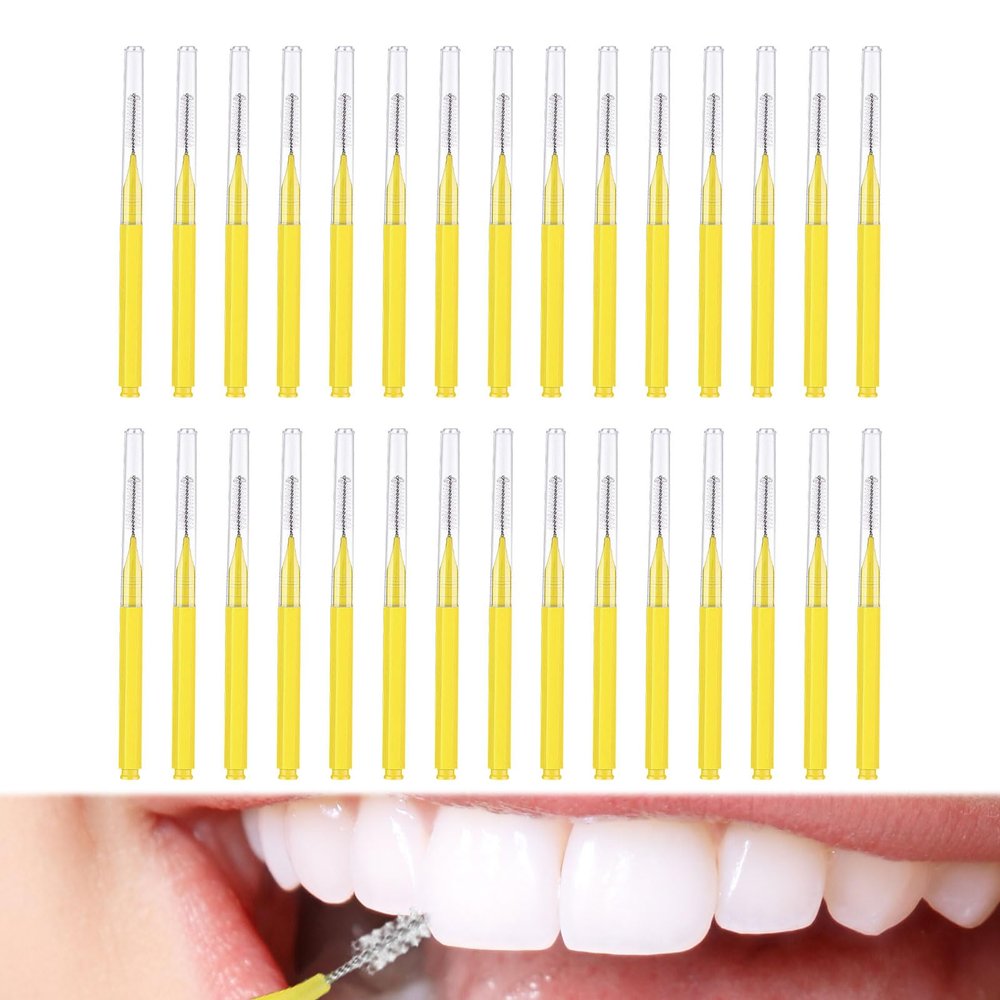 30 PCS Yellow Dental Brushes,Interdental Floss Picks Between Teeth Toothbrush Oral Care,Interdental Brushes Yellow Brushes,Dental Floss Brush 0.7mm Interdental Brushes