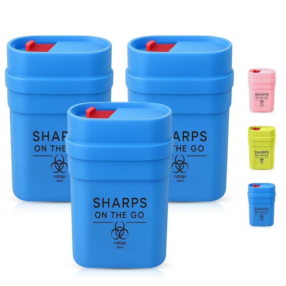 3pk Travel Sharps Bin 0.2L Small Sharps Box for Needles, Lancets & Insulin Pen Tips Portable Disposal Container with Secure Leakproof Lid Medical Waste Bin, Blue