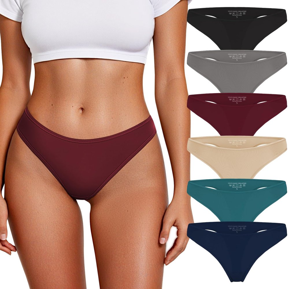DHFBABY Thongs for Women Breathable Seamless Stretch Underwear Soft Low Waist Ladies T-back Panties 6 Pack, Black+gray+wine Red+beige+cyan+blue, S