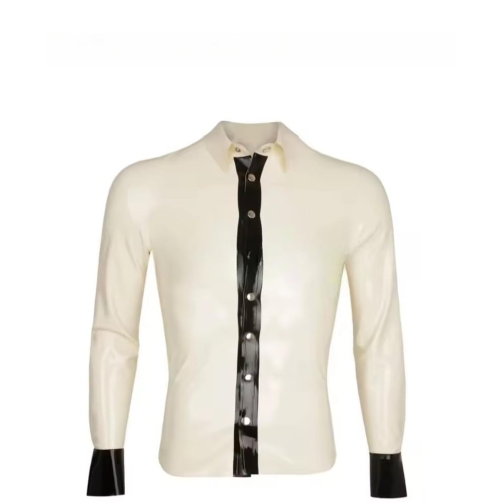 100% Natural Latex Gummi Handmade Men's Long Sleeve T Shirts with Front Button Up Tops,White,L