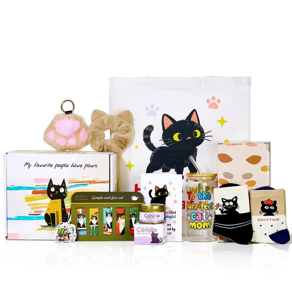 Cat Lover Gifts for Women, Gift Box with Glass Cup, Socks, Candle, Tote Bag, Greeting Card | Unique Cat Themed Presents for Birthday, Mothers Day, Christmas