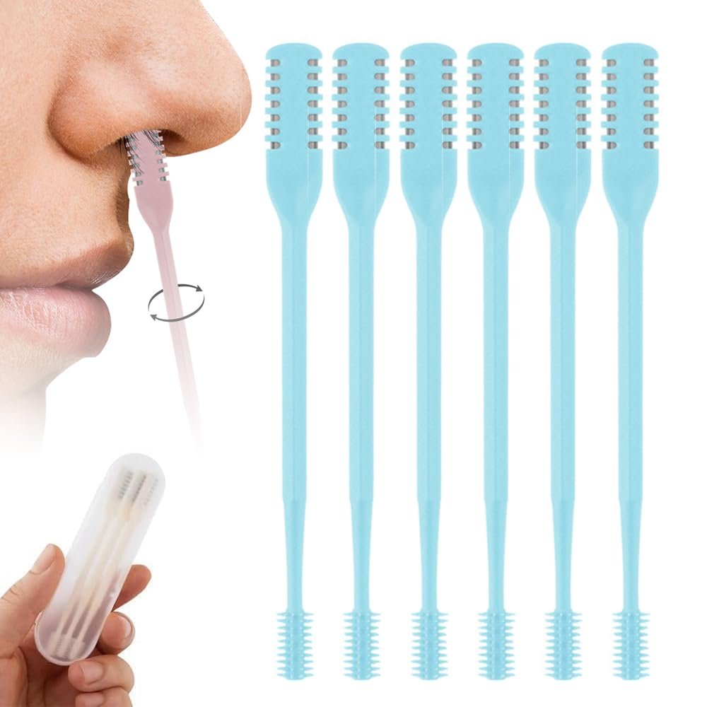 2-in-1 Nasal Hair Cutter, 2025 Professional Nose Hair Trimmer with 360 Rotation & Ear Picker, Dual-Blade Manual Nasal Grooming Tool with Soft Cleaning Brush for Men and Women (Blue, 6 PCS)