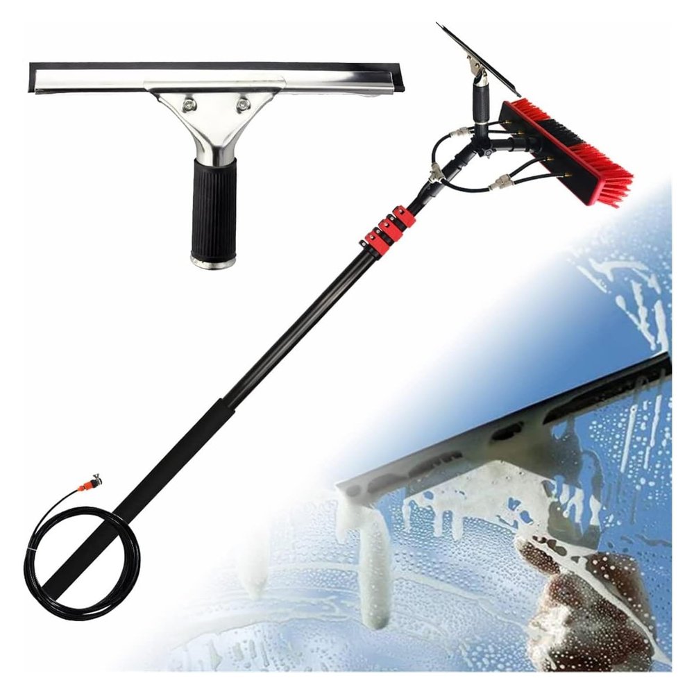 12FT Water Fed Window Cleaning Pole Kit - Telescopic Brush & Hose Spray/Scraper for Solar Panel & Outdoor Washing - Efficient Cleaning Tool for Windows & Solar Panels