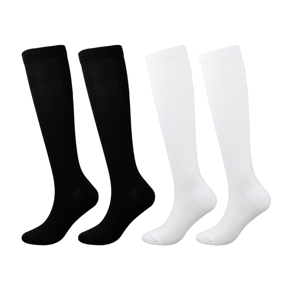 Compression Socks for Women & Men Travel Flight Compression Stocking Breathable Knee High Support Varicose Veins Socks for Athletic Running Maternity Pregnancy Nurses (Black+White, L/XL)