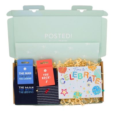 POSTED! His Birthday Celebration Letterbox Gift Includes Pop Up Treat Tray Card - By LK - Masculine Design, Unique Socks, Heartfelt Wishes, Hidden Chocolates, Card & Gifts, Pop Up Birthday Card