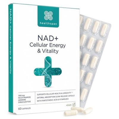 Healthspan NAD+ 300mg (60 Capsules) | for Cellular Health & Longevity | 300mg Pure NAD+ | Delayed Release Capsules for Optimal Absorption | Added Vitamins B5 & B12 | Vegan