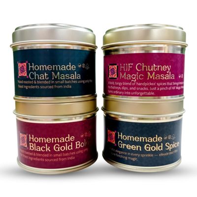Homemade Indian Food Finishing Spices Indian Garnish & Aroma Collection | 4 Spice Blends to Sprinkle & Finish Dishes | Black Gold, Green Gold, Chaat Masala & Magic Masala (4 x 40g)