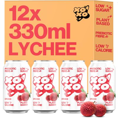 XOXO Lychee Prebiotic Soda (12 x 330ml Cans) | Refreshing Sparkling Prebiotic Drink With 6g of Plant-based Prebiotic Fibre | Natural & Low Sugar & Low Calorie Drink | High in Fibre