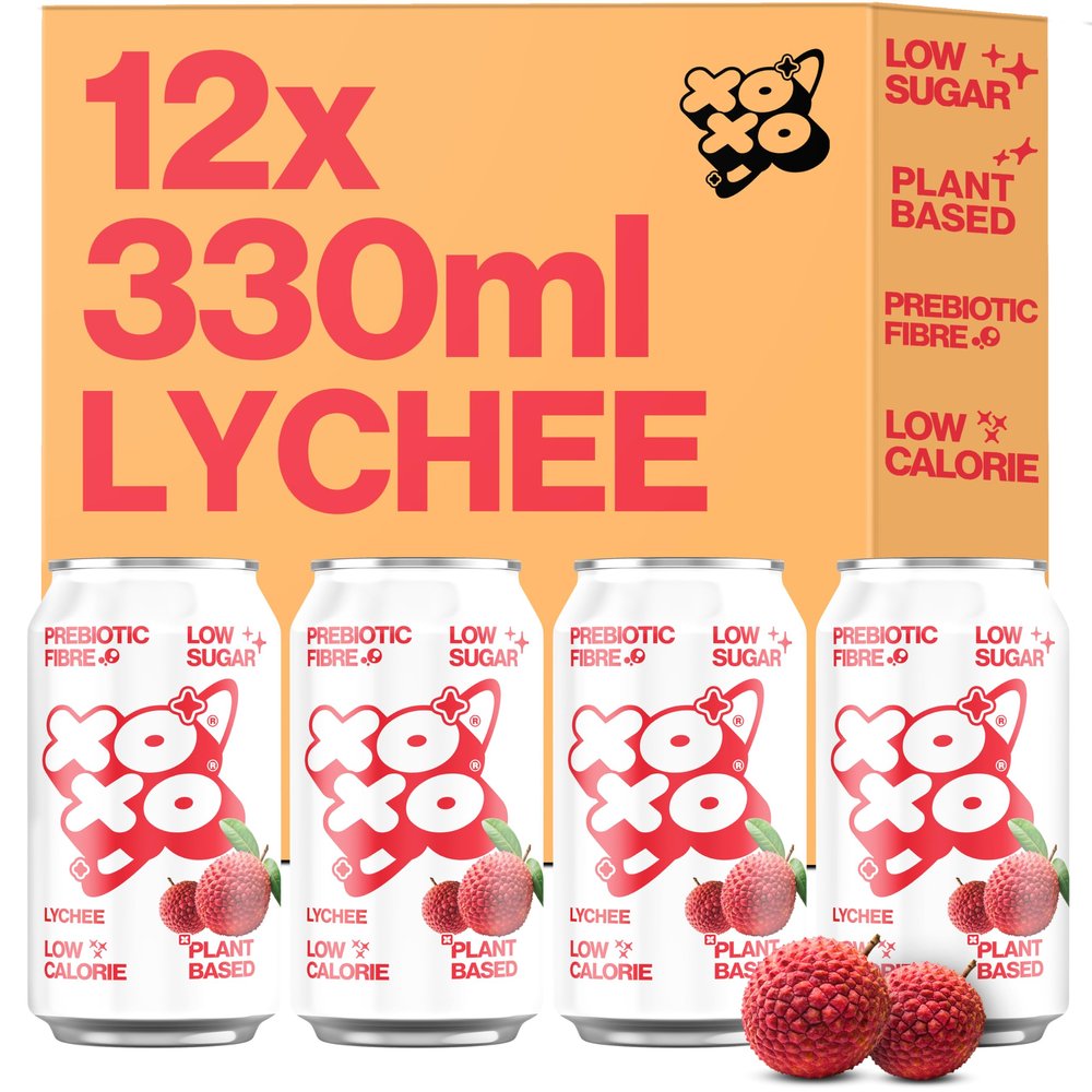 XOXO Lychee Prebiotic Soda (12 x 330ml Cans) | Refreshing Sparkling Prebiotic Drink With 6g of Plant-based Prebiotic Fibre | Natural & Low Sugar & Low Calorie Drink | High in Fibre