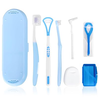 7-in-1 Travel Oral Care Kit with Case Toothbrush, Tongue Scraper, Wisdom Toothbrush, Dental Floss, Floss Threaders, Interdental Brush, Dental Wax, Portable Hygiene Set for Daily Use Travel (Blue)