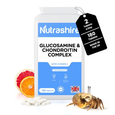 Glucosamine and Chondroitin High Strength Complex 180 Tablets - Vitamin C Joint Care Supplements for Cartilage, Bones, Fatigue & Immune Support Made in the UK
