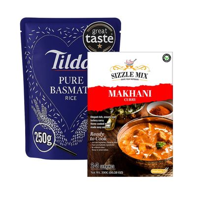 Sizzle Mix Makhni Curry Sauce with Basmati Rice Rich Indian Meal Combo - Butter-Style Curry Mix (300g, Serves 2) & Pure Basmati Rice Pouch (250g, 2-Min Ready) - Vegetarian-Friendly
