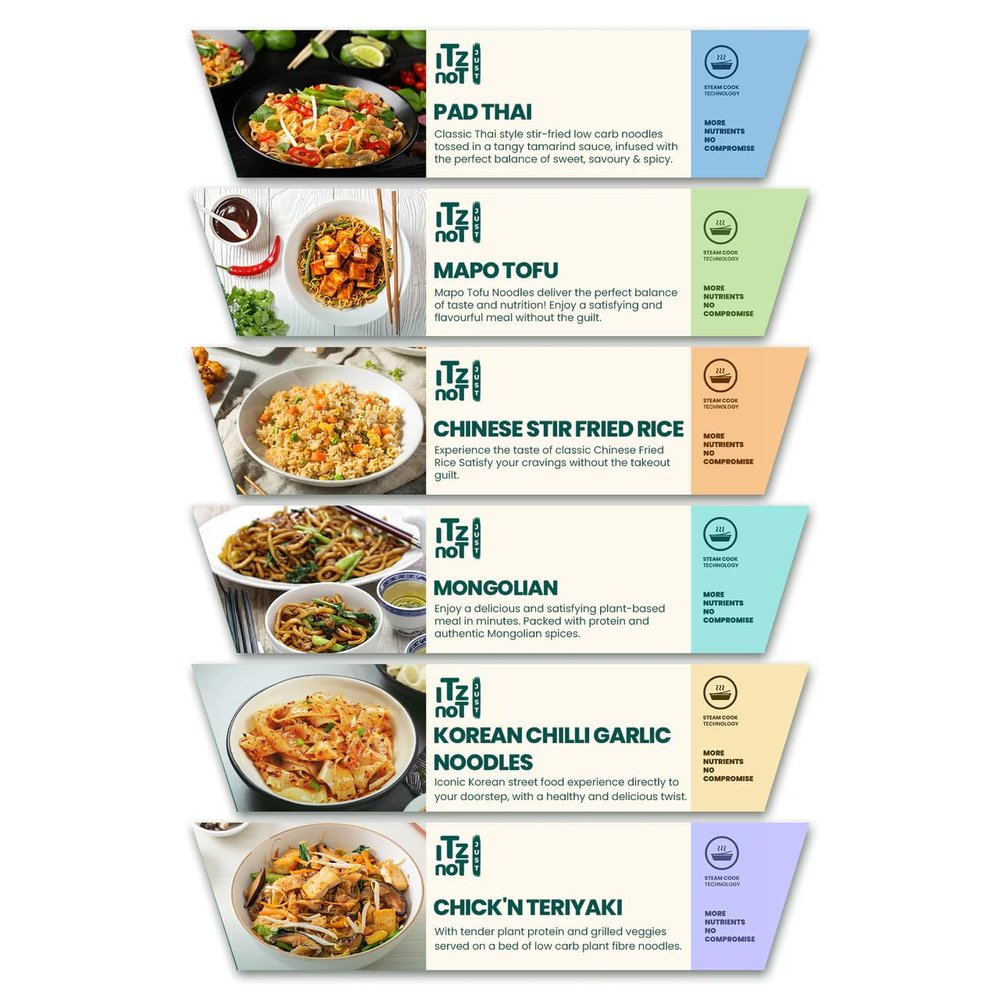 iTz noT Low Carb Meals Combo 370g (Pack of 6), Konjac Meals, Pad Thai, Mapo Tofu, Chinese Stir Fried Rice, Mongolian, Korean Chilli Garlic Noodles & Chickn Teriyaki, Vegan, High Fibre, Low Calorie
