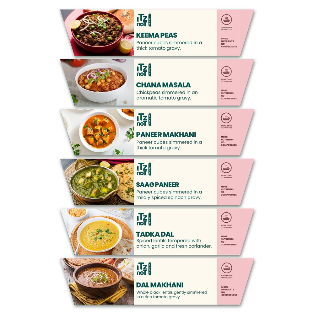 iTz noT Just High Protein Indian Meals ComboReady to Eat Curry 370g (Pack of 6), Keema Peas, Chana Masala, Paneer Makhani, Saag Paneer, Tadka Dal & Dal Makhani, Low Carb, High Fibre, Vegetarian