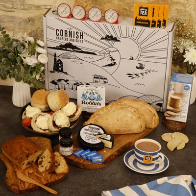 Ultimate Sweet & Savoury Deluxe Hamper Pasty & Cream Tea 4 Person Hamper - Cake, Fresh Scones, Cheese, Crackers Pasties, Tea, Jam, Cornish Biscuts & Roddas Clotted Cream, Elegant Packaging Gift.
