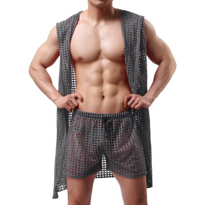 Mens Sexy Lingerie See Through Towel Robe Mesh Transparent Bathrobe Sleepwear Wear Full Length Sweater Men (Grey, XL)