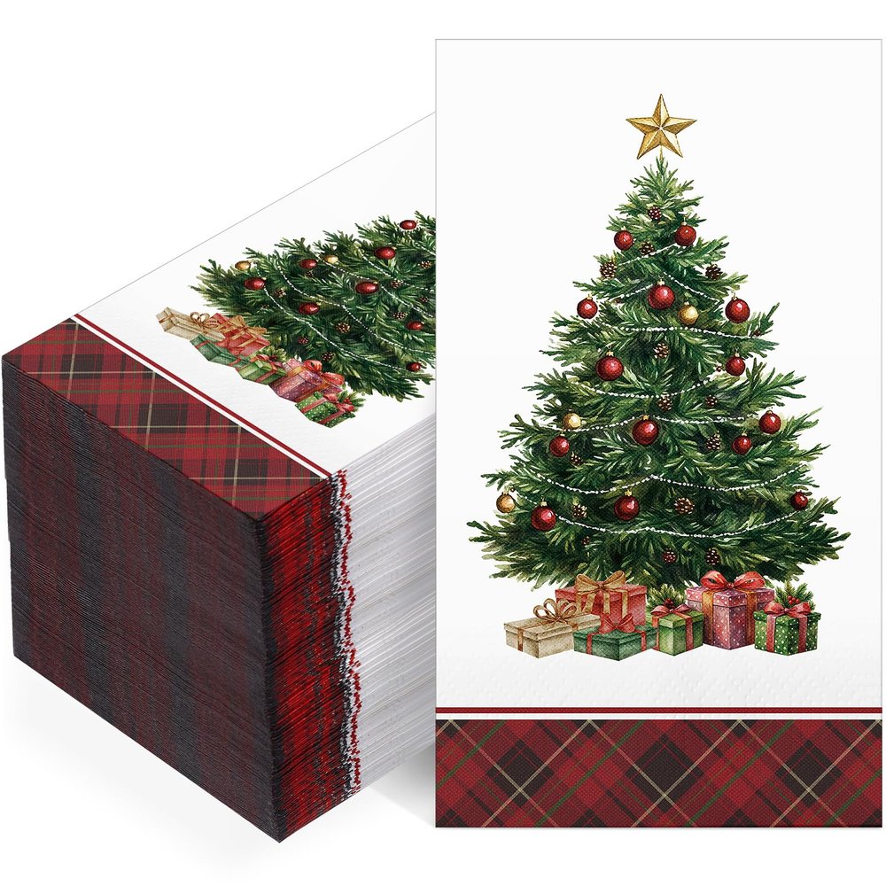 Pajean 100 Pcs Christmas Napkins Bulk Disposable Paper Decorative Guest Hand Towels Christmas Tree Cocktail Napkins Buffalo Plaid for Xmas Party Holiday Lunch Dinner Kitchen Bathroom Supplies