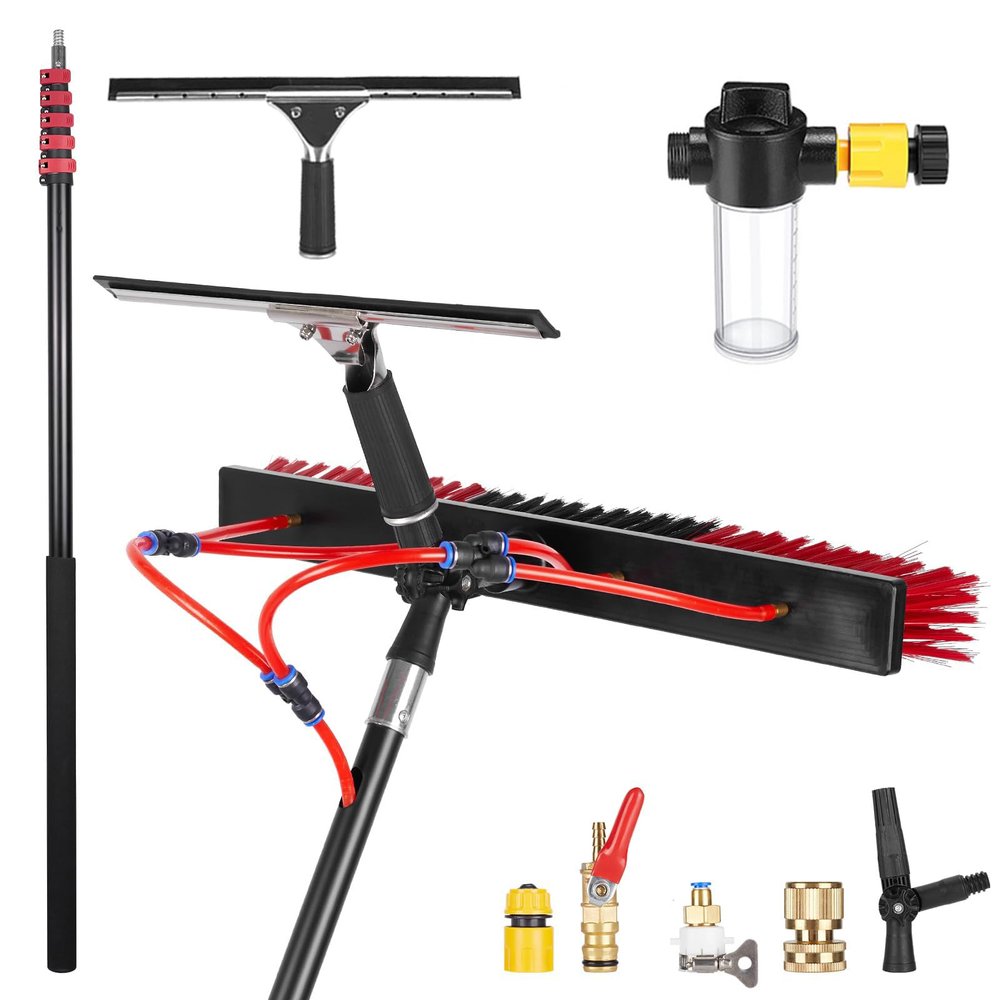 window brush Telescopic - 3.6-10.8M - Extendable Water-Fed Pole with Squeegee & Soap Dispenser - common Hose Connector for Solar Panels,Roofs & Cars (35cm,10.8M)