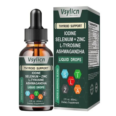 Vsylicn Thyroid Supplement Drops for Women and Men - Energy & Focus Formula, with L Tyrosine, Iodine, Vitamin B12 Complex, Zinc, Ashwagandha, Selenium, Copper, Coleus Forskohlii - Vegan & Non-GMO 60ml