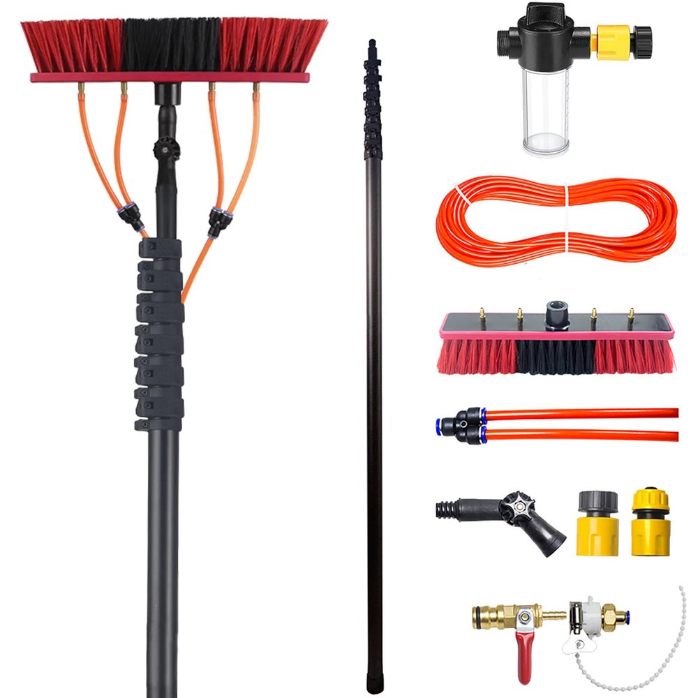 12m Telescopic Washing Brush Carbon Fiber Poles for Solar Panels Patio Roofs Includes 55cm Brush Hose & Soap Dispenser for Efficient Cleaning