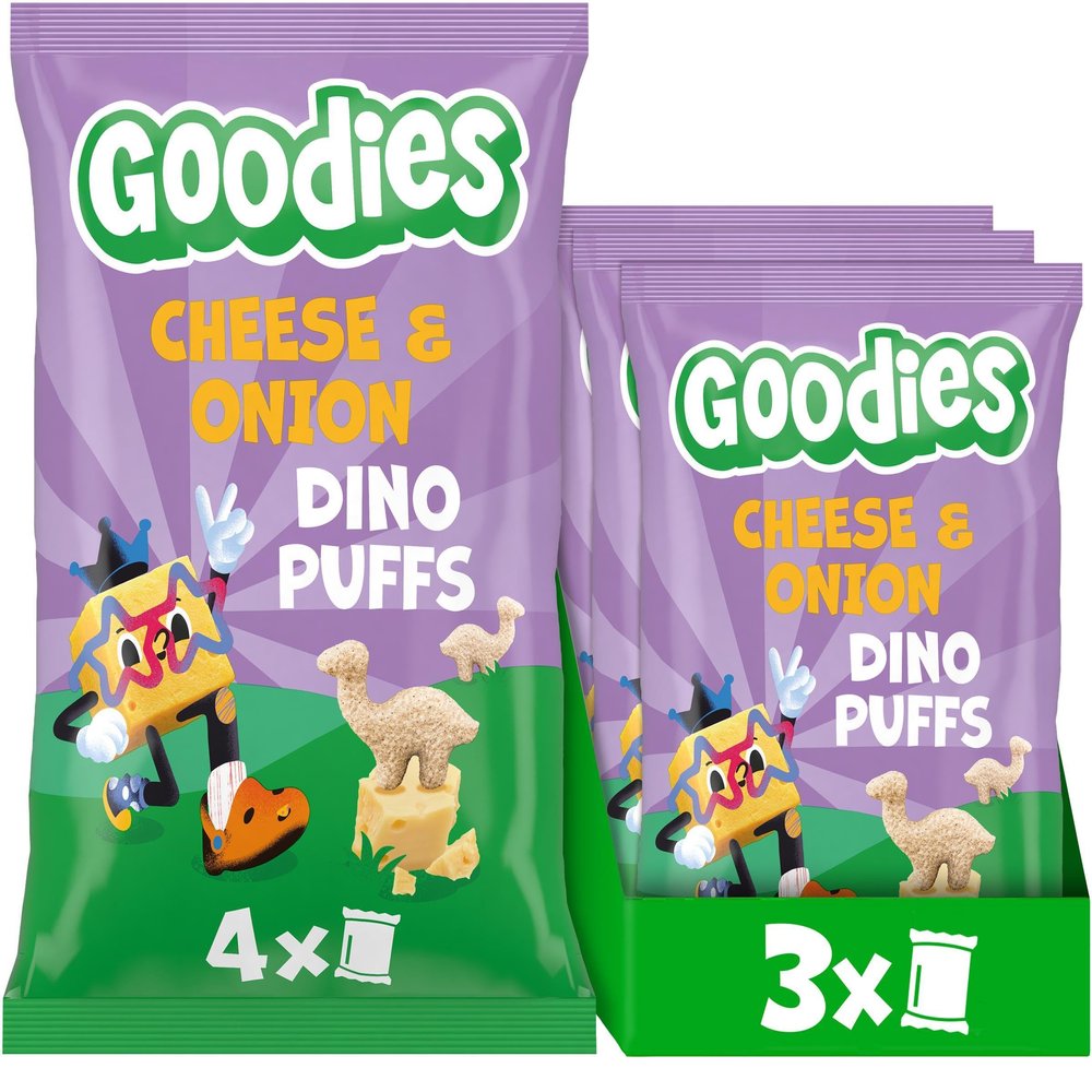 Goodies Kids Snack Dino Puffs, Cheese & Onion, Wholegrain, 3 x (4 x 12 g)