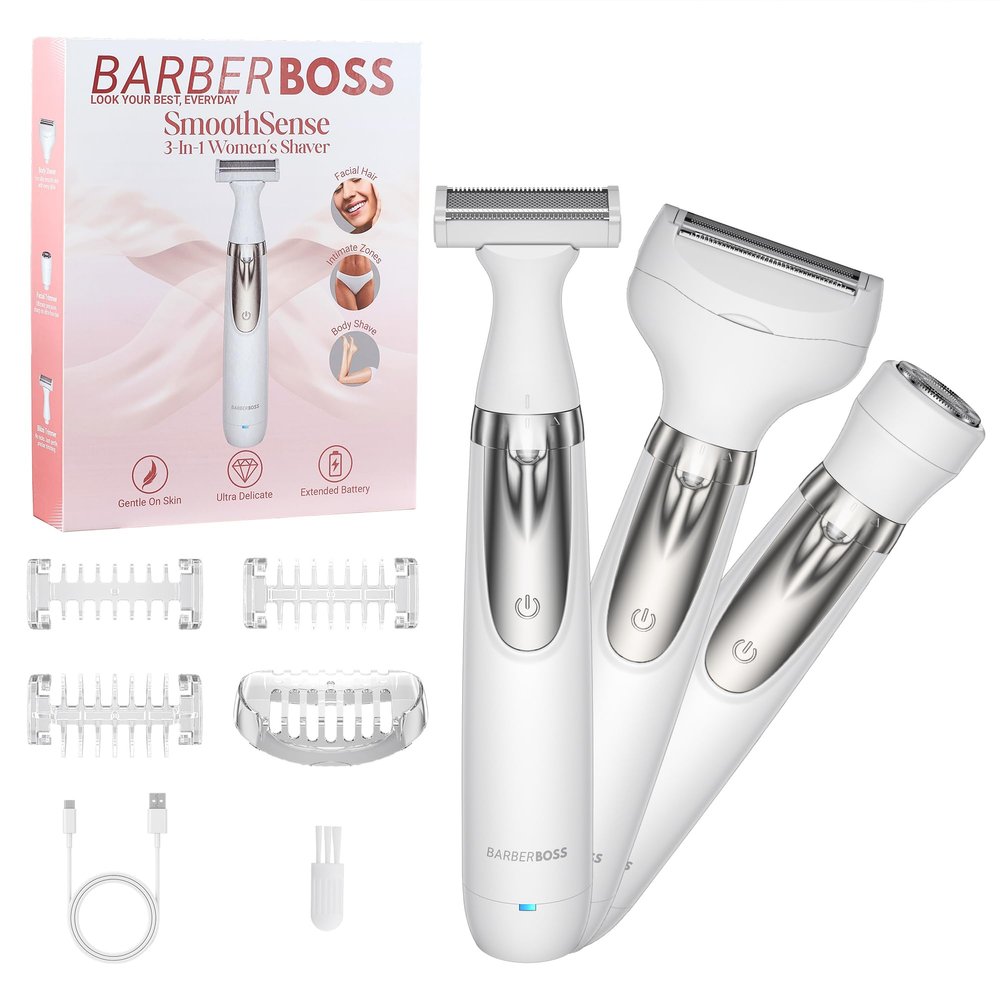 BarberBoss Womens Electric Shaver, 3-in-1 Portable Lady Shaver, Body, Bikini, Face Womens Groomer, Cordless Wet & Dry Womens Razor, Facial Hair Remover, USB Rechargeable Ladies Groomer, QR-8003