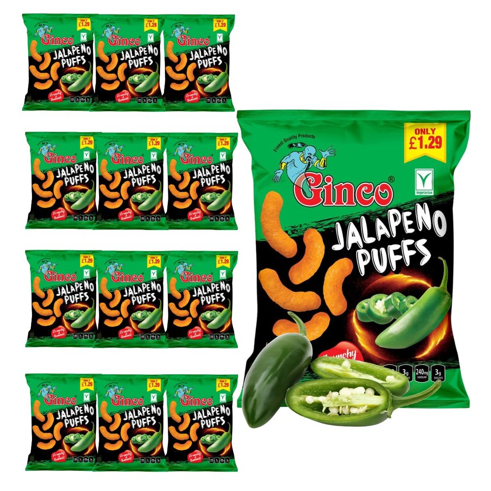 Ginco Jalapeno Puff Crisps (Pack of 12) - Jalapeno Multi Pack | Crisps Bulk Spicy Snacks, Bulk Sharing | Pub Sharing Bag