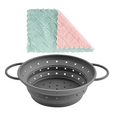 1 Piece of Gray Drain Basket, 1 Piece of Rag, Kitchen Filter Basin, Vegetable Washing Drain Basin, Outdoor Camping Props, Bowl Brushing Absorbent Rag, Restaurant Cleaning Tool.
