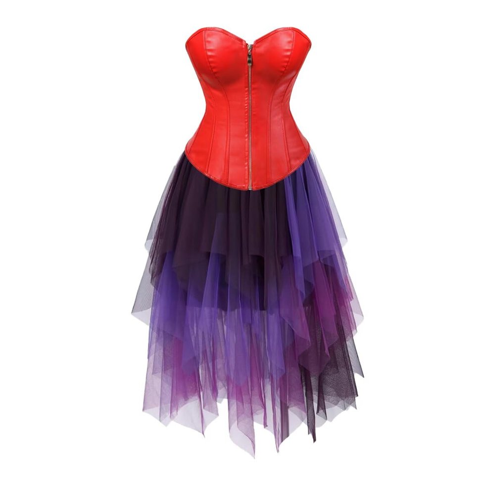 Josamogre Leather Corset Dress Layered Skirt Tulle 2 Set Bustier Boned Zipper Biker Girl Costume Lingerie Cosplay Women's Red XXS