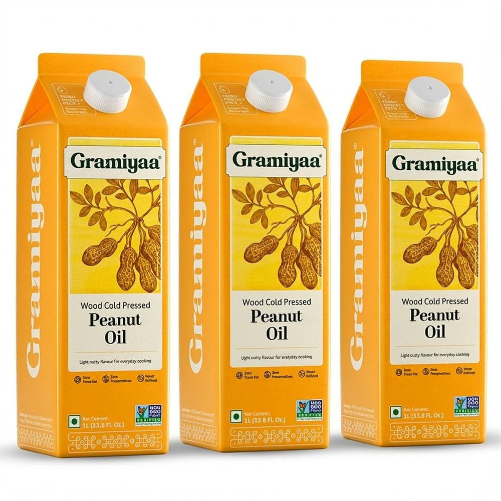 Gramiyaa Cold Pressed Groundnut Oil | Chemical-free, Zero Trans-fat Cooking Oil | Unrefined Oil | Fresh Protect Pack | Kachi Ghani Peanut Oil for Cooking (3 Pack, 3, count)