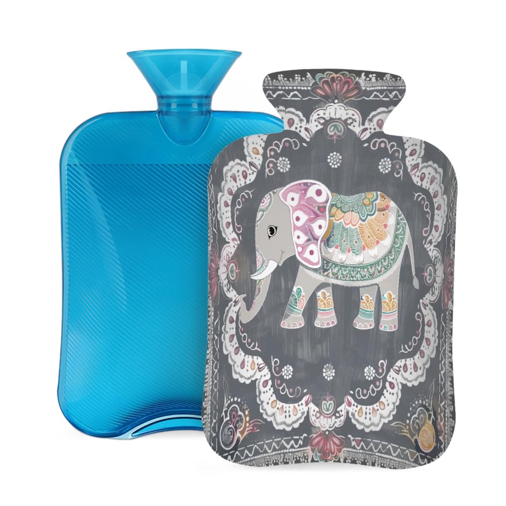 Hot Water Bottle with Soft Cover, Boho Elephant Ethnic Style 2L Hot Water Bags for Pain Relief, Cramps,Hand Feet Warmer, Menstrual