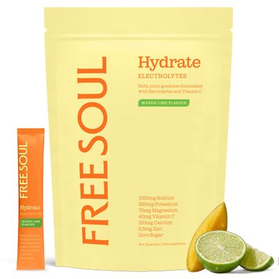 Free Soul Hydrate | Electrolyte Hydration Sachets | Zero Sugar | 30 Sachets | Advanced Electrolyte Powder with Sodium, Magnesium, Vitamin C | Mango & Lime Flavour