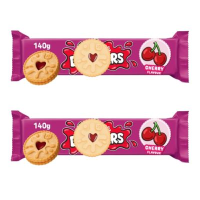 Biscuits Cherry Flavour 140g, Pack Of 2, Shortcake Biscuits with a Cherry Flavour Apple Jam, Artificial colours and Flavours, Vegan friendly