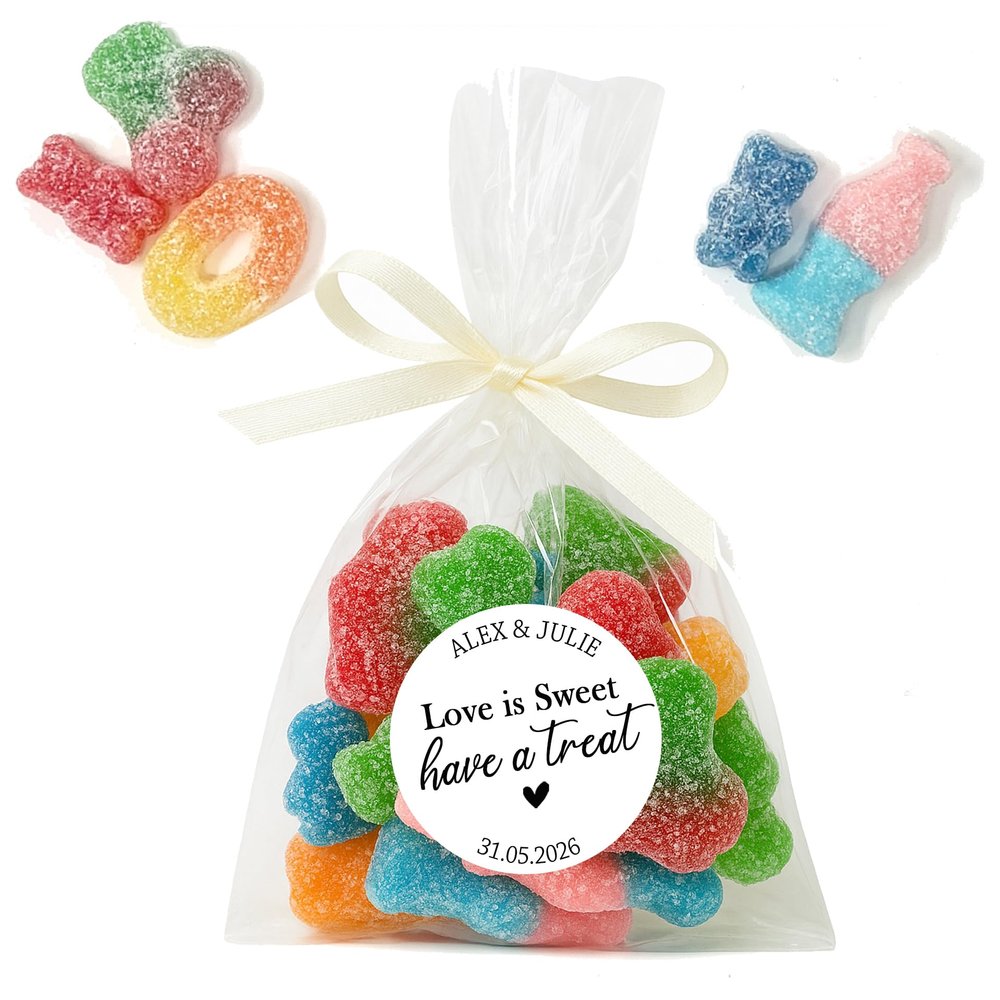 Personalised Sweet Wedding Stickers Sweet bags- Love is sweet Cone Bags Favour Luxury labels with Vegan/Halal sweets - Bag with Ribbon