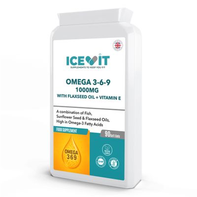 ICEVIT Omega 3-6-9 1000mg 90 Softgels | with Fish & Flaxseed Oil + Vitamin E | Triple Omega Fatty Acids | UK Made | Heart, Brain, Skin & Eye Support | GMP Certified