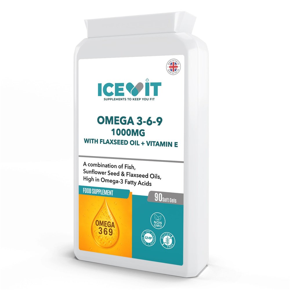ICEVIT Omega 3-6-9 1000mg 90 Softgels | with Fish & Flaxseed Oil + Vitamin E | Triple Omega Fatty Acids | UK Made | Heart, Brain, Skin & Eye Support | GMP Certified