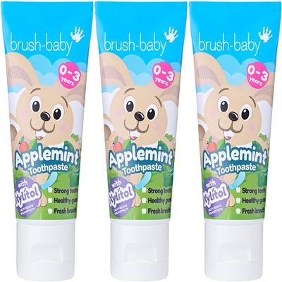 BrushBaby - New Applemint Baby Toothpaste 150ml (3 x 50ml Tubes) - for Ages 0-3 - with Xylitol & Fluoride - Supports Healthy Teeth & Gums - Gentle, Safe if Swallowed - Vegan Formula