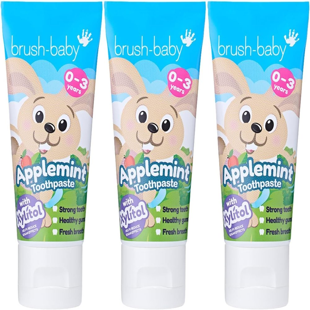 BrushBaby - New Applemint Baby Toothpaste 150ml (3 x 50ml Tubes) - for Ages 0-3 - with Xylitol & Fluoride - Supports Healthy Teeth & Gums - Gentle, Safe if Swallowed - Vegan Formula