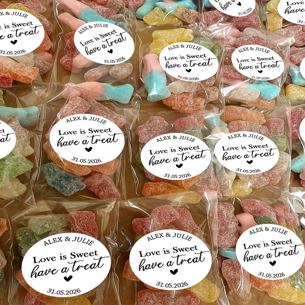 Personalised Sweet Wedding Stickers Sweet bags- Love is sweet Cone Bags Favour Luxury labels with Vegan/Halal sweets - Bag