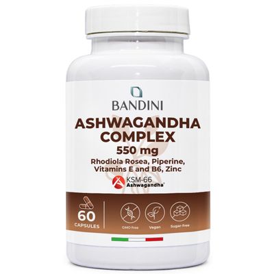 Bandini Ashwagandha Complex KSM-66 High Strength with Rhodiola Rosea, Zinc, Vitamin E and B6 High Dose Withania Somnifera 60 Vegan Capsules Boosts Energy & Mood - Natural Supplement, Non-GMO