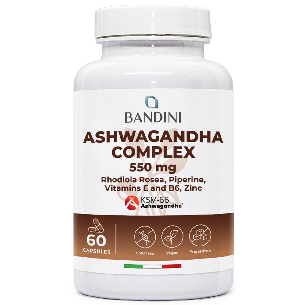 Bandini Ashwagandha Complex KSM-66 High Strength with Rhodiola Rosea, Zinc, Vitamin E and B6 High Dose Withania Somnifera 60 Vegan Capsules Boosts Energy & Mood - Natural Supplement, Non-GMO