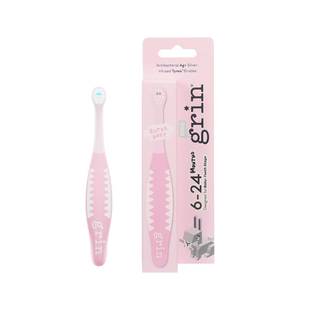 Grin Milky Start Toddler Toothbrush - Baby Toothbrush with Small Round Head, Ultra-Soft Bristles for Safe, Gentle Cleaning - Easy-Grip Handle, BPA-Free - Light Pink, 6-24 Months
