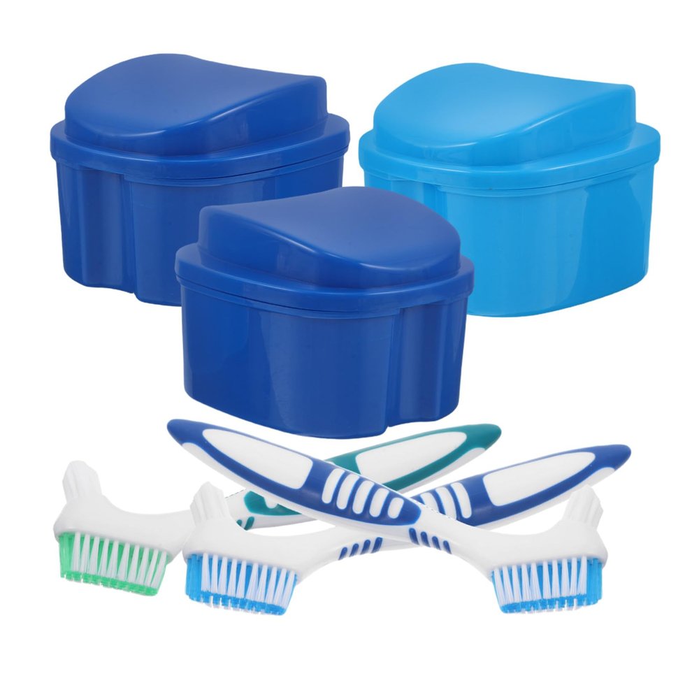 BCOATH Denture Care Kit 6pcs Set with Storage Boxes and Cleaning Brushes, Waterproof False Teeth Organizer for Travel and Home Use, Leakproof Dental Retainer Cleaning Container